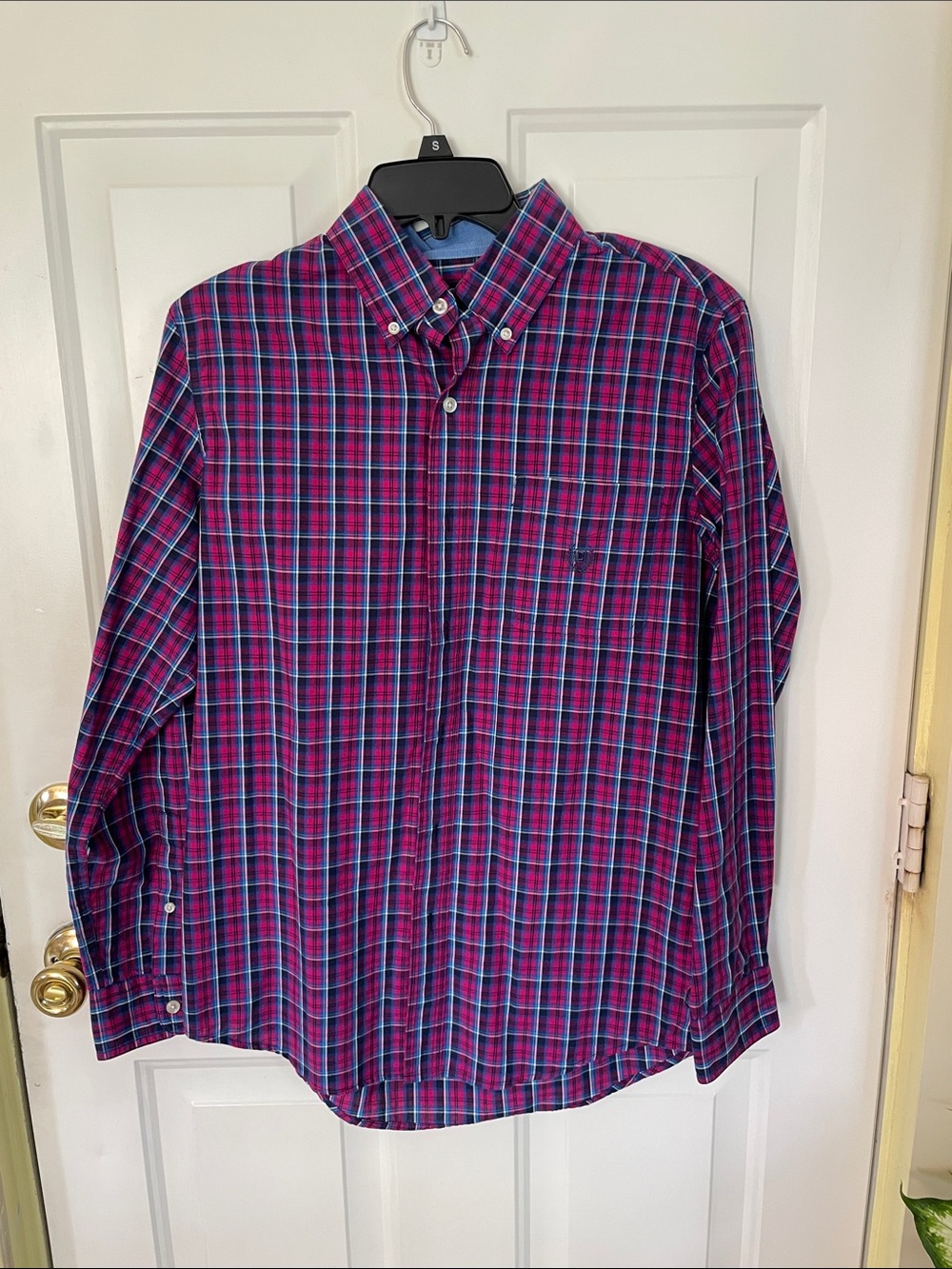 Chaps Men's Plaid Button-Down Shirt in Purple and Blue